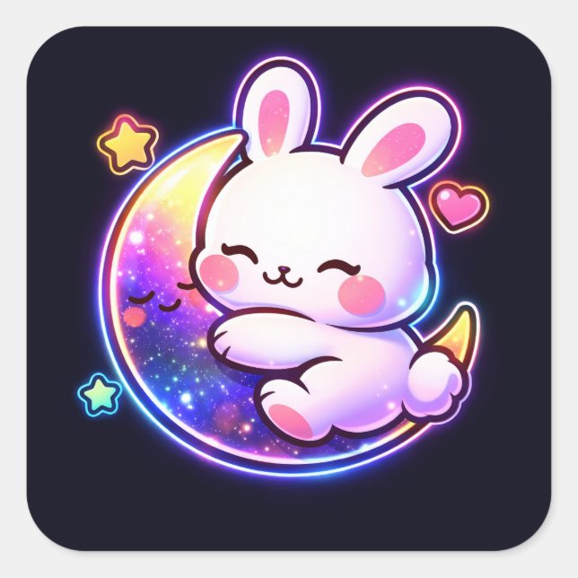Carré Easter Bunny Sleeping on Galaxy Moon Neon Sticker (Devant)