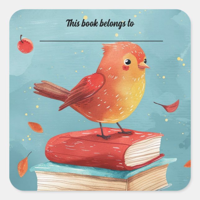 Carré Editable Bird on Books Bookplate Sticker (Devant)
