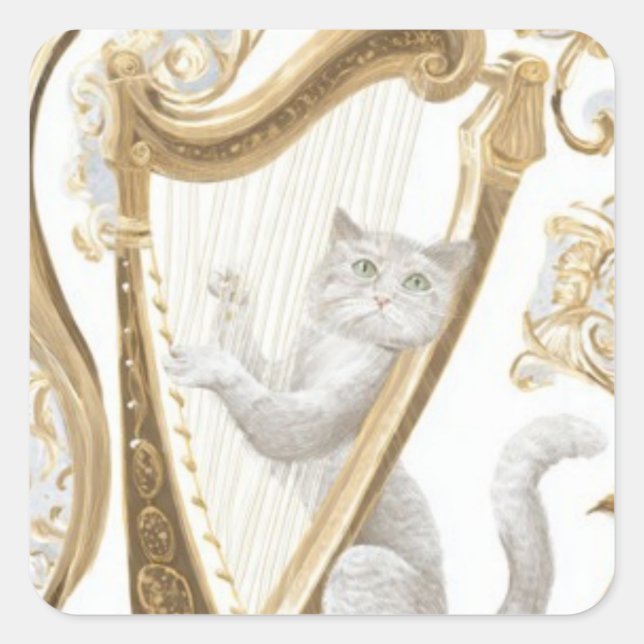 Carré Elegant Harp Cat Sticker – Minimal Fantasy (Devant)