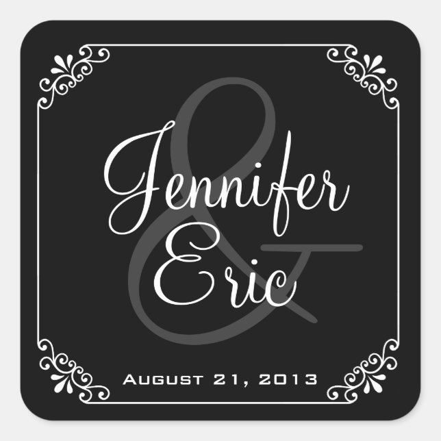 Carré Élégant Noir & Blanc Mariage Faveur Sticker (Devant)