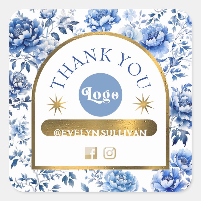 Carré Élégante chinoiserie bleu fleurs sticker (Devant)