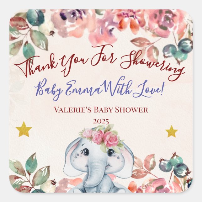 Carré Elephant Baby Shower Thank you sticker (Devant)