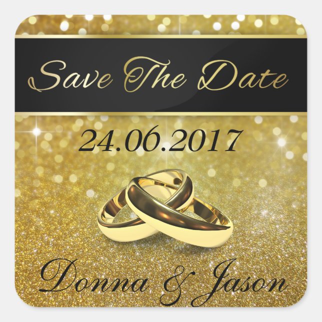 Carré Enregistrer la date Gold Mariage anneaux - Sticker (Devant)