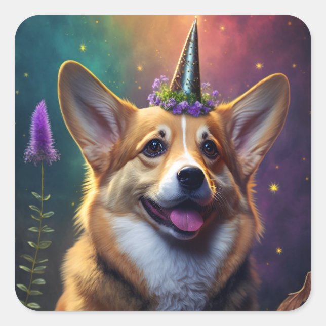 Carré Étincelle le Corgi Unicorn - Sticker Arc-en-ciel (Devant)