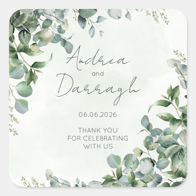 Carré Eucalyptus Wedding Favor Label Sticker 1001A (Devant)