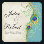 Carré Favoriser Sticker Cadeau - Peacock Feathers Mariag<br><div class="desc">Il s'agit d'un sceau ou d'un autocollant Favor élégant et sophistiqué. Il allie le meilleur de la tradition et la fraîcheur du contemporain. Le mélange d'arrière - plans peints à la main avec des touches de dentelle et une aquarelle contemporaine des plumes de paon peintes à la main par Audrey...</div>