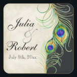 Carré Favoriser Sticker Cadeau - Peacock Feathers Mariag<br><div class="desc">PALETTE DE COULEUR : Noir, tan, crème, or, bleu, vert et violet. COLLECTION DE DESIGN : Il s'agit d'un ensemble d'invitations de mariage de produits complets assortis. Modernes et contemporaines, les Peacock Feathers Wedding Invitations sont à la mode, élégantes et chic. L'oeuvre est issue de l'aquarelle originale peinte à la...</div>