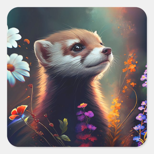 Carré Ferret dans un champ de fleurs Sticker (Devant)