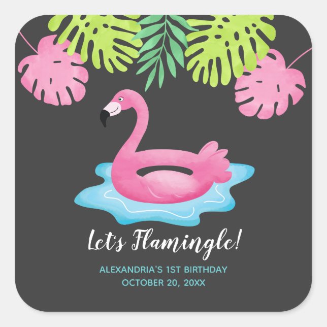 Carré Flamant rose Tropical Pool Party Favoriser Sticker (Devant)