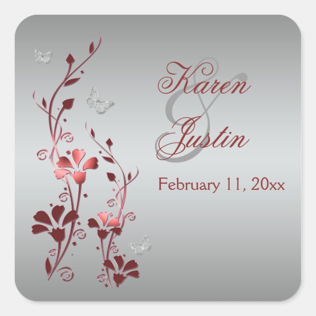 Carré Flore rouge et argent avec Sticker à papillons (Devant)