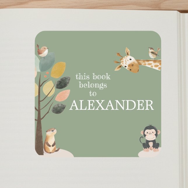 Carré Fun Safari Animals Custom Bookplate Sticker (cute giraffe safari animals custom bookplate sticker for kids book library)