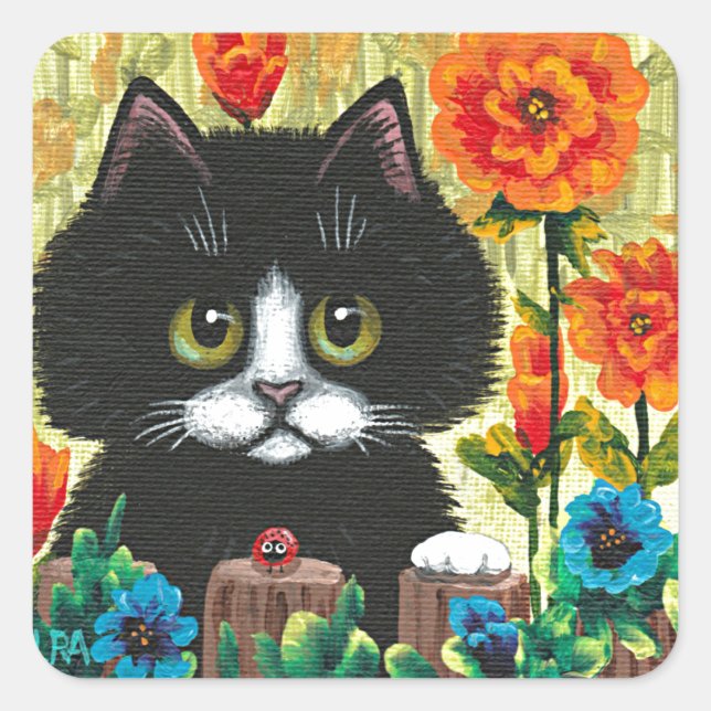 Carré Funny Black White Cat Creationarts  Sticker (Devant)
