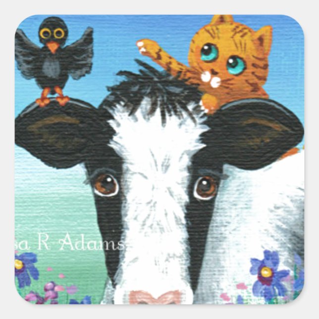 Carré Funny Cow Orange Cat Creationarts  Sticker (Devant)