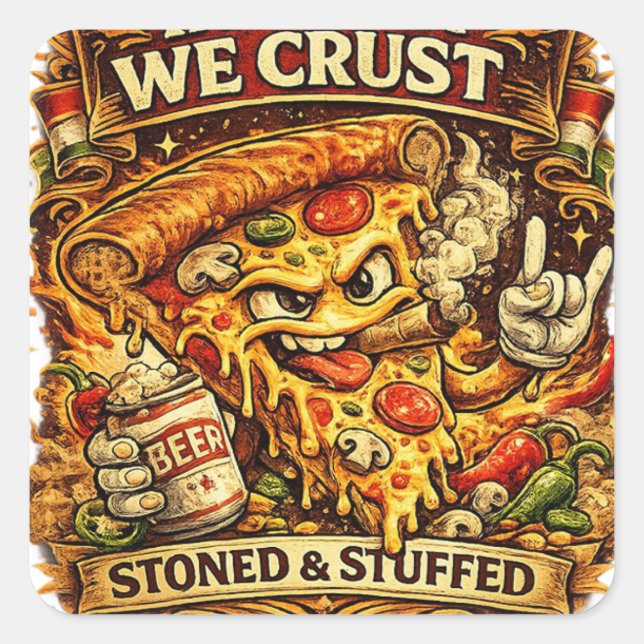 Carré Funny Pizza Sticker – In Pizza We Crust Retro Pizz (Devant)