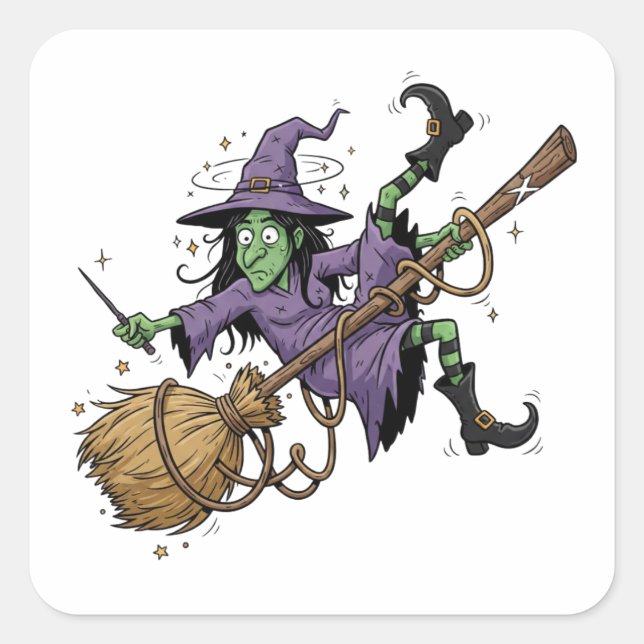 Carré Funny Witch Tangled On Broom Art Sticker (Devant)
