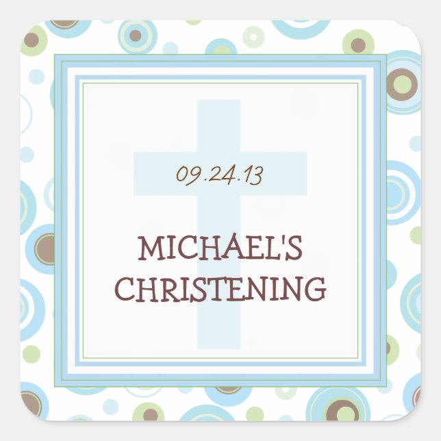 Carré Happy Blue Dots Cross Christening Baptism Sticker (Devant)