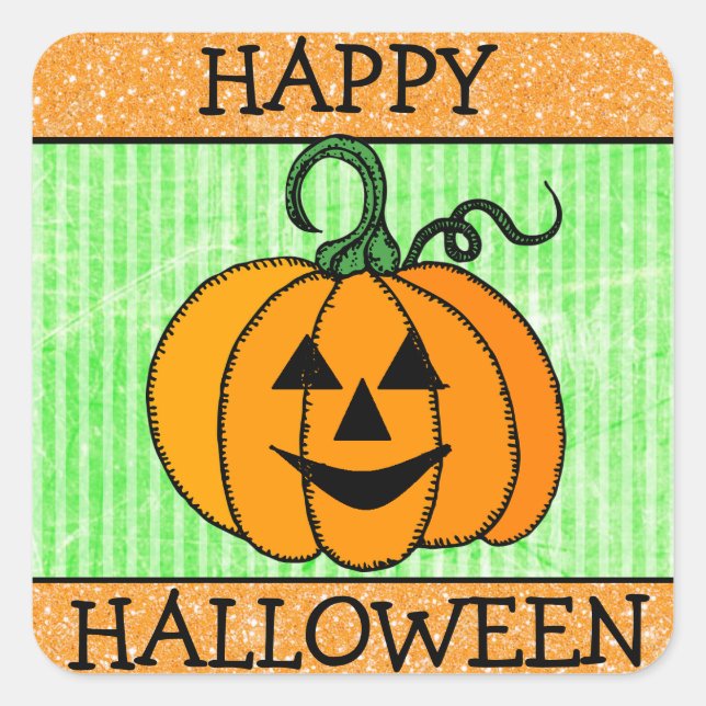 Carré Happy Halloween Sticker Citrouille orange et vert (Devant)