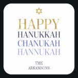 Carré Happy Hanoukka Chanukah Holiday Sticker<br><div class="desc">La conception simulée de feuille d'or Faux est incorporée dans cette conception. Personnalisez le texte personnalisé ci-dessus. Vous pouvez trouver d'autres éléments de coordination dans notre collection "Happy Hanoukka Chanukah".</div>