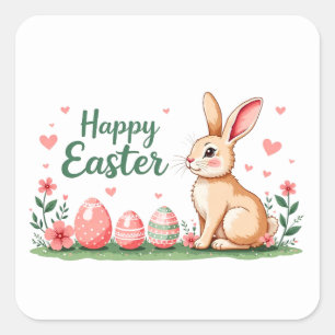 Carré Happy sticker de Pâques avec lapin, oeufs et fleur