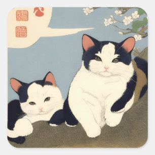 Carré Japanese Cats Blossom Tree Sticker