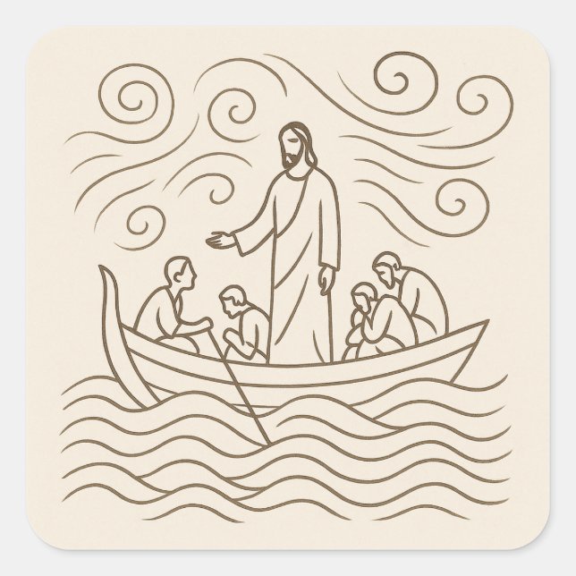 Carré Jesus Calms the Storm Line Art Sticker (Devant)