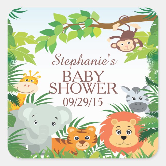 Carré Joli Safari Jungle Baby shower Favoriser Sticker (Devant)