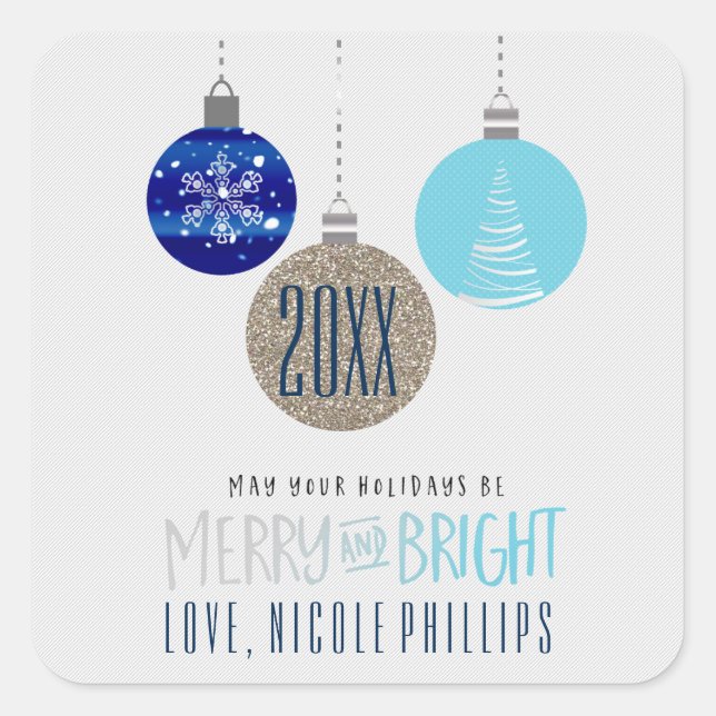 Carré Joy & Bright Blue Ornamers Hang Holiday Sticker (Devant)