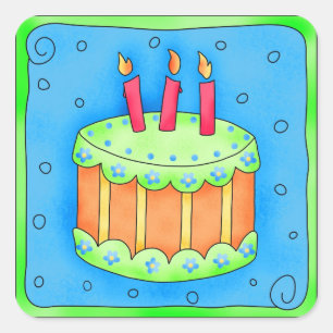 Carré Joyeux Anniversaire Bleu Sticker Gâteau Troisième