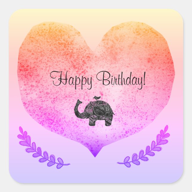 Carré Joyeux Anniversaire Chiny Coeur Elephant Sticker (Devant)