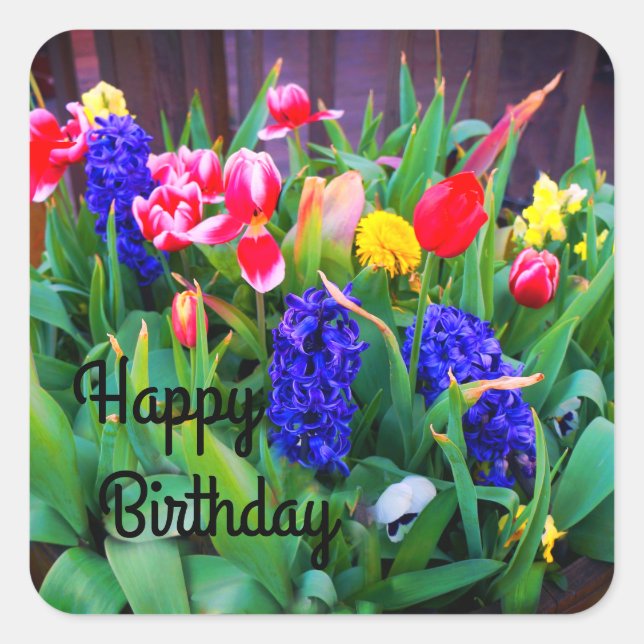 Carré Joyeux Anniversaire Fleurs de Printemps #3 Sticker (Devant)