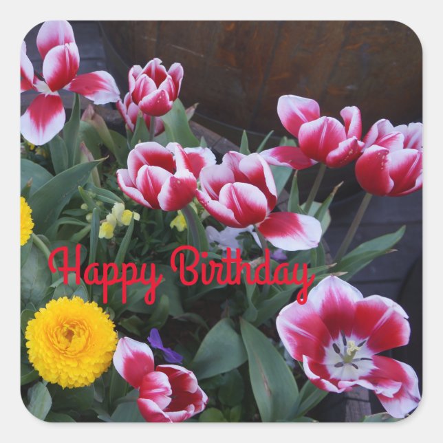 Carré Joyeux Anniversaire Fleurs de Printemps #4 Sticker (Devant)