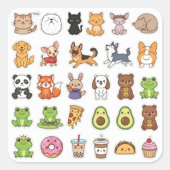 Carré Kawaii Animals & Food Lover's Sticker Set (Devant)