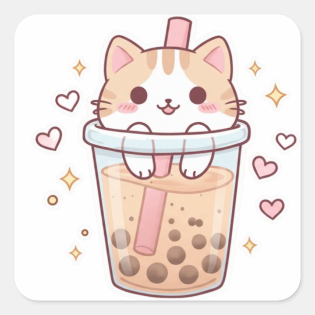 Carré Kawaii Cat in Boba Cup Sticker – So Cute! (Devant)