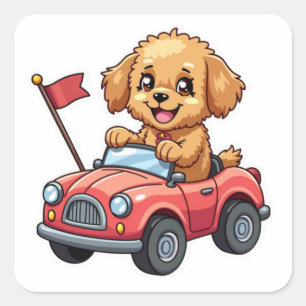 Carré Kawaii Sticker Cavapoo dans une voiture de jouets