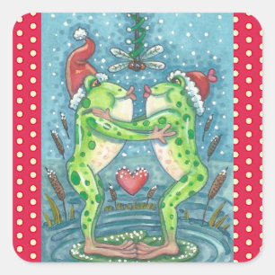 CARRÉ KISSING FROGS, DRAGONFLY MISTLETOE HOLIDAY STICKER