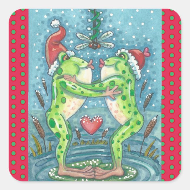 CARRÉ KISSING FROGS, DRAGONFLY MISTLETOE HOLIDAY STICKER (Devant)