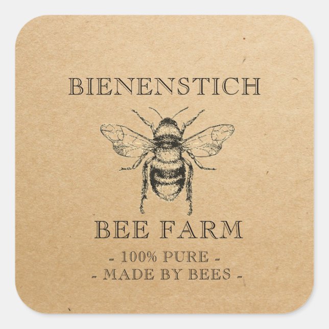 Carré Kraft Votre Nom Éditable Apiculture Sticker au mie (Devant)