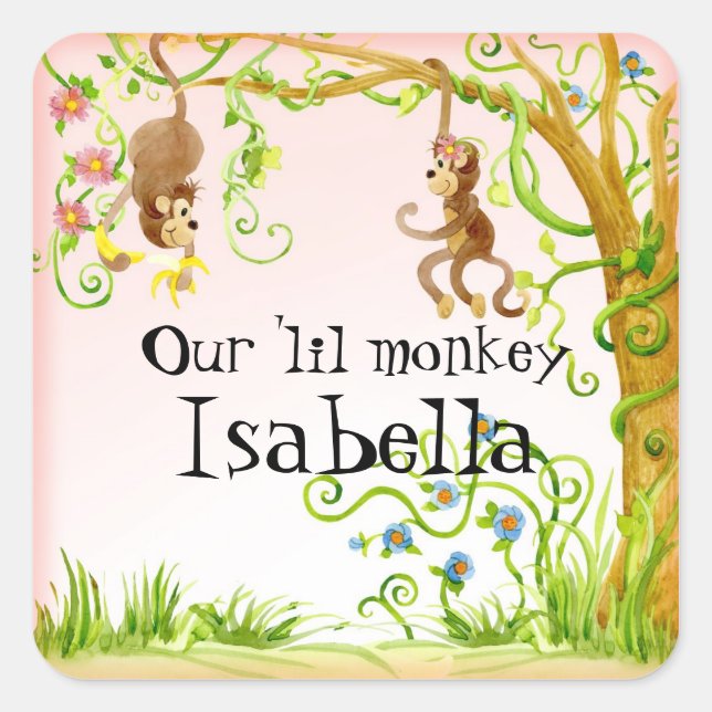 Carré Lil Monkey, Sticker Baby shower fille (Devant)