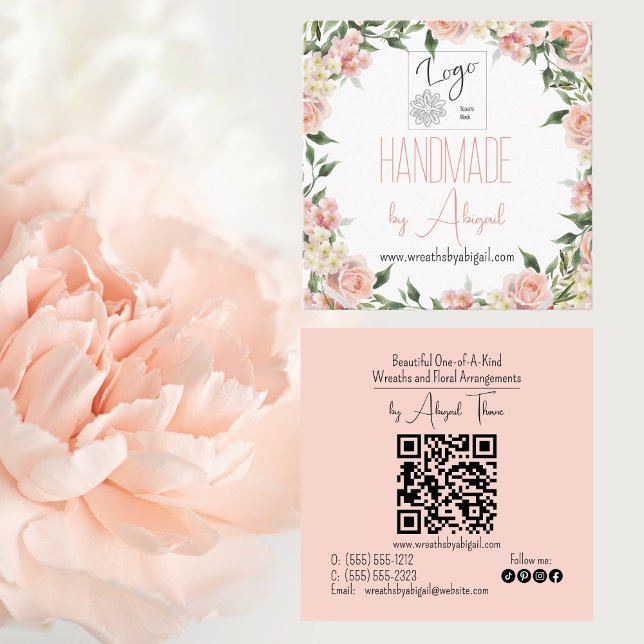 Carré Logo Rose Floral Carte de visite artisanal artisan (Pink Rose Floral Handmade Crafting Logo QR Code Square Business Cards)