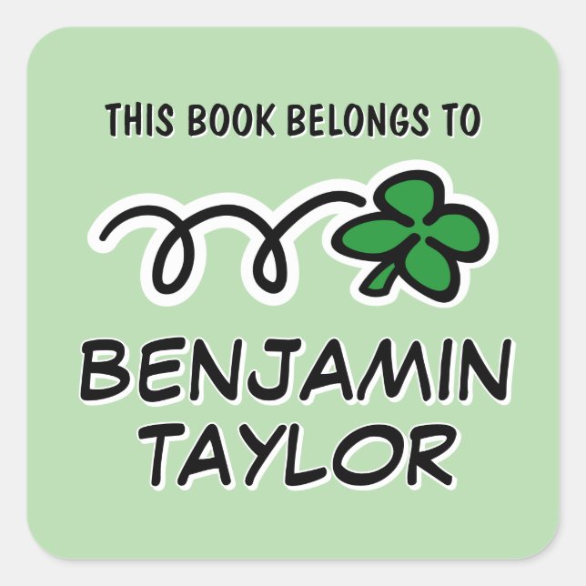 Carré Lucky clover doodle personalized bookplate sticker (Devant)