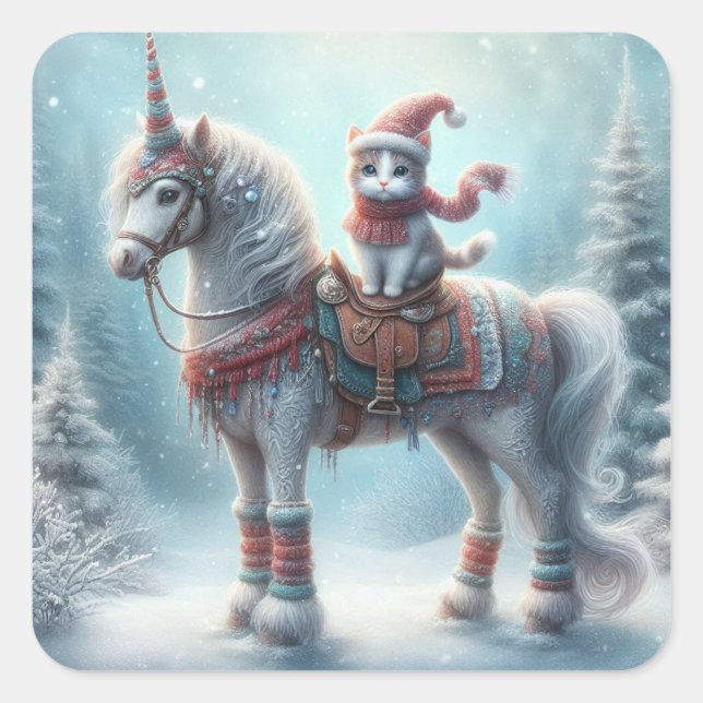 Carré Magical Winter Unicorn & Cat Sticker – Festive Fan (Devant)
