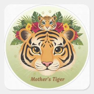 Carré Majestic Mother Tiger and Cub Floral Sticker - Maa