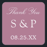 Carré Mauve Wedding Favor Sticker Merci<br><div class="desc">Mauve Wedding Favor Sticker Merci,  s'il vous plaît personnaliser avec les initiales du couple et la date du mariage,  en utilisant le modèle de personnalisation en ligne avant de commander.</div>