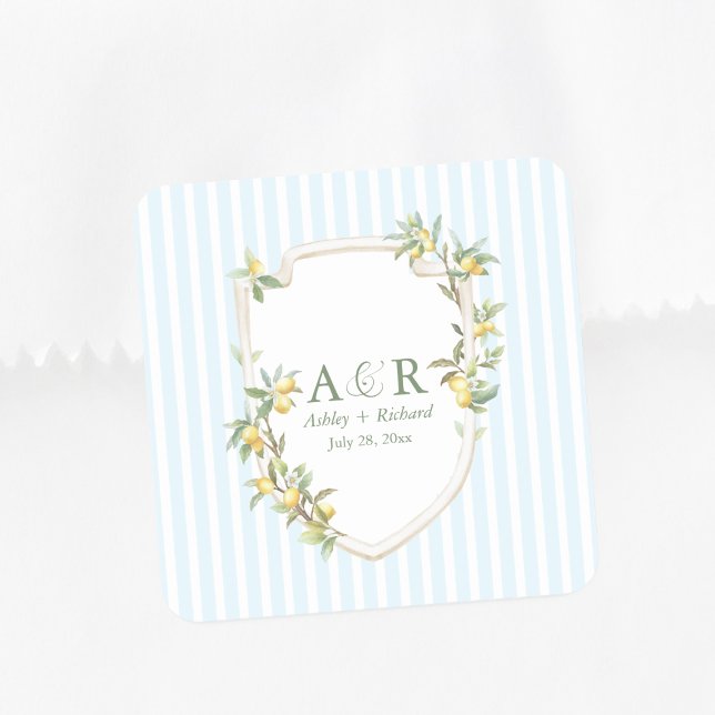 Carré Mediterranean Lemon Coastal Wedding Square Sticker (elegant Mediterranean lemon crest coastal pale blue stripe couples monogram wedding favors sticker)