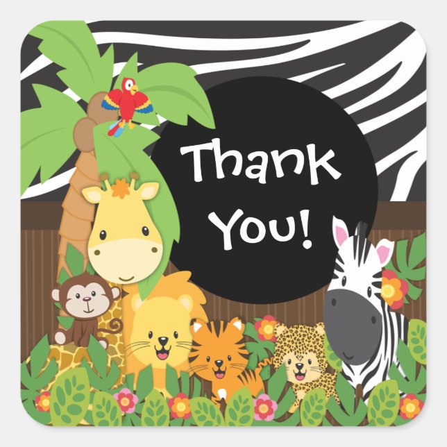 Carré Merci Jungle Safari Bébé Animaux Sticker (Devant)