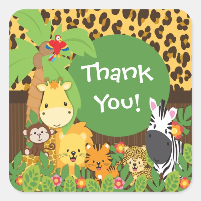 Carré Merci Jungle Safari Bébé Animaux Sticker (Devant)