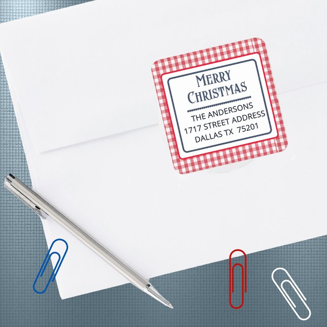 Carré Merry Christmas Gingham Plaid 1.5" Address Sticker (Créateur téléchargé)
