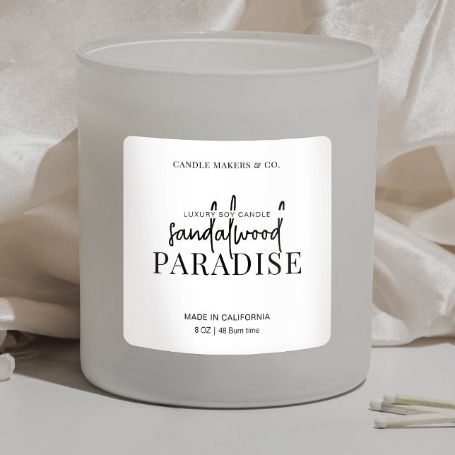 Carré minimaliste Étiquette Élégant noir blanc (Modern simple white and black candle jar square label with fully editable text and colors)