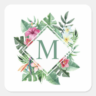 Carré Monogramme de cadre floral tropical   Sticker