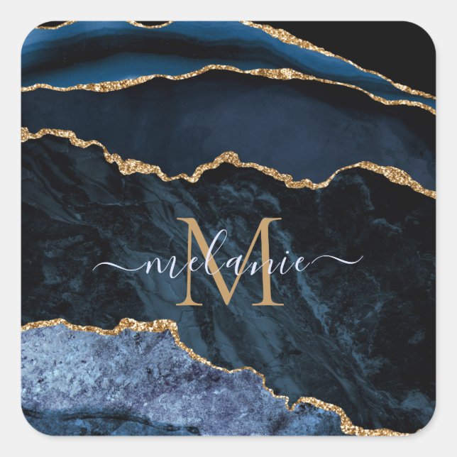 Carré Monogramme Nom Agate Marine Bleu Sticker en marbre (Devant)